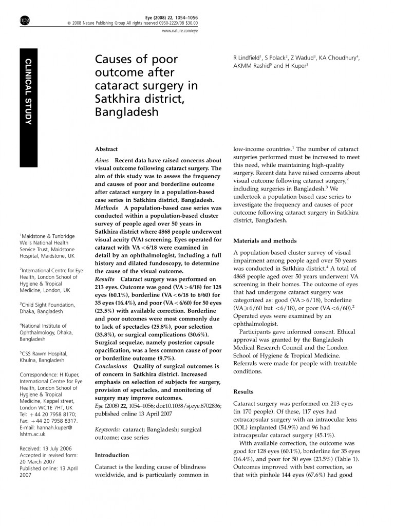 Lindfield et al (2008) Causes of poor outcome after cataract surgery in Satkhira district Bangladesh COVER IMAGE