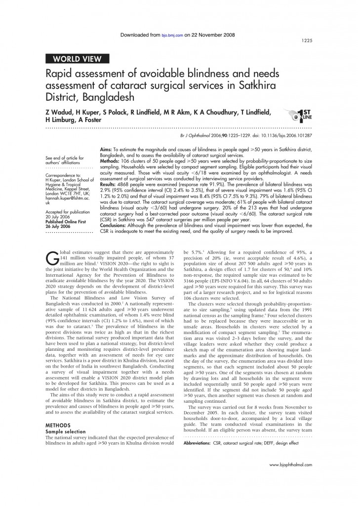 Rapid assessment of avoidable blindness and needs assessment of cataract surgical services in Satkhira District, BangladeshCOVERIMAGE